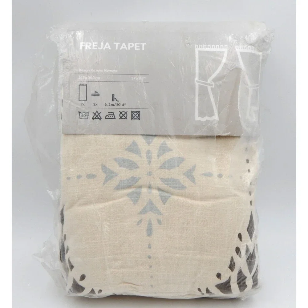Ikea Freja Tapet Cream Geometric Curtain Panels Blue Brown 57x118” Panel 4pc